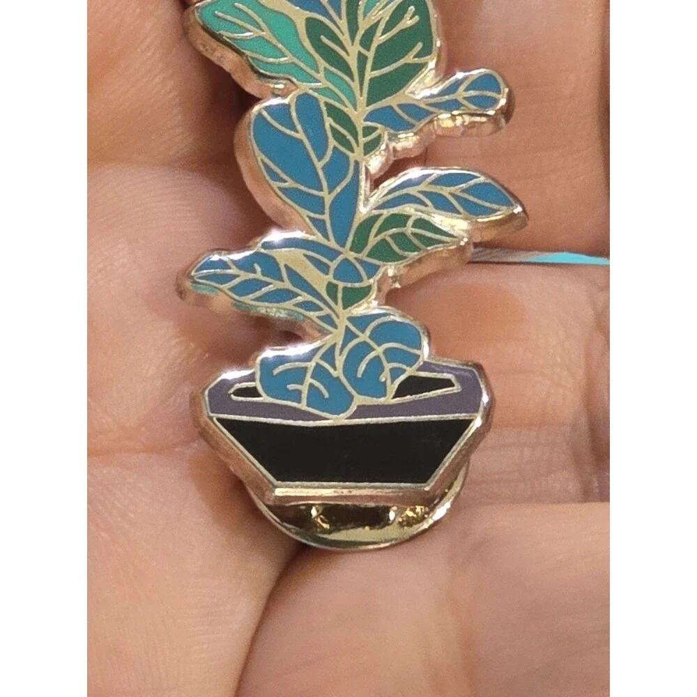 Fiddle Leaf Fig Enamel Lapel Pin Potted Houseplant Plant Lover Gold Tone #1366
